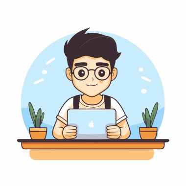 Evde tablet bilgisayar kullanan tatlı çocuk. Vektör illüstrasyonu.