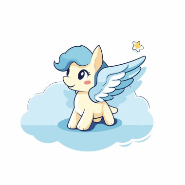 Bulutta kanatları olan sevimli küçük bir melek. Vektör illüstrasyonu.