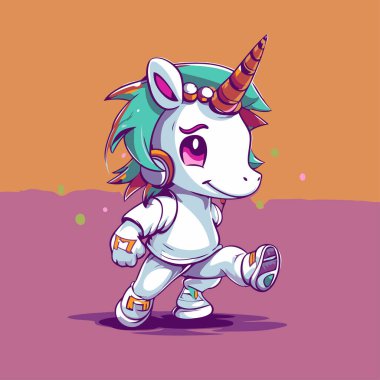 Tek boynuzlu at kaçıyor. Tatlı bir tek boynuzlu atın vektör çizimi.