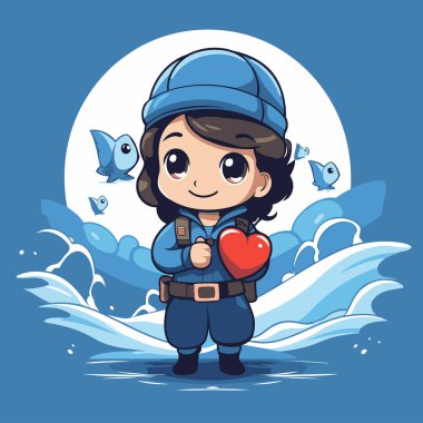 Deniz vektörü illüstrasyonunun arka planında kalbi olan sevimli küçük bir çocuk.