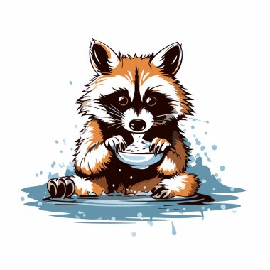 Elinde bir kase su olan sevimli bir rakunun vektör görüntüsü..