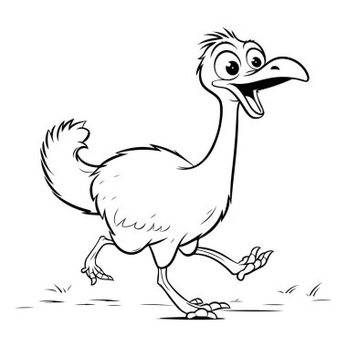 Devekuşu - Siyah ve Beyaz Çizgi Film İllüstrasyonu. Beyaz Arkaplanda İzole Edilmiş