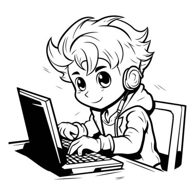 Laptoplu yakışıklı çocuk. Vector illüstrasyonu vinil kesim için hazır..