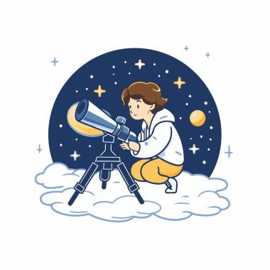 Gece gökyüzünde teleskoptan bakan bir çocuk. Vektör illüstrasyonu.
