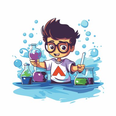 Şirin çocuk bilim deneyleri yapıyor. Beyaz arkaplanda vektör illüstrasyonu.