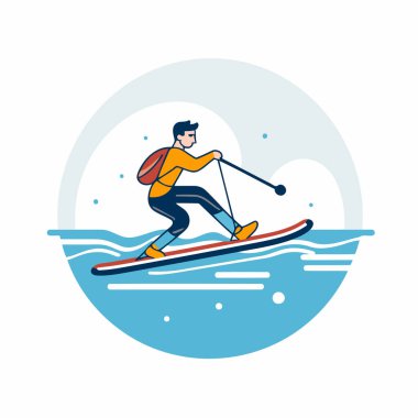 Suda sörf tahtası süren bir adamın vektör çizimi.