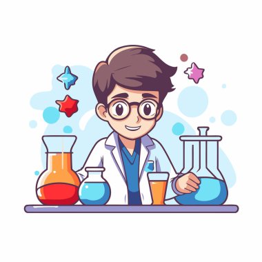 Laboratuvar önlüklü ve gözlüklü bilim adamı test tüpleriyle çalışıyor. Vektör illüstrasyonu.