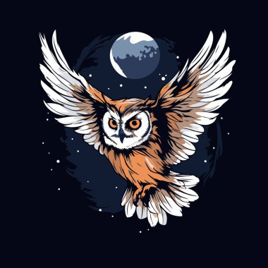 Gece gökyüzünde ay ile uçan baykuş. Vektör illüstrasyonu.