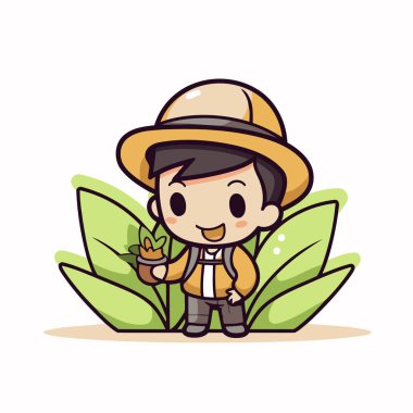 Yaprak ve mum çizgi film karakteri çizim grafik tasarımı olan çiftçi çocuk