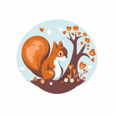 Çiçeklere aşık şirin bir sincap. Çizgi film tarzında vektör illüstrasyonu.