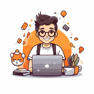 Evde çalışan sevimli çizgi film adamı. Düz bir şekilde vektör illüstrasyonu.