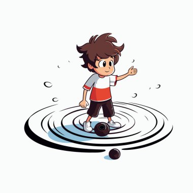 Çizgi filmdeki küçük çocuk suda topla oynuyor. Vektör illüstrasyonu.