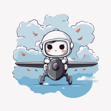 Bulutlarda Uçan Şirin Çizgi Roman Astronot. Vektör İllüstrasyonu