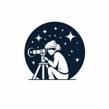Astronot teleskop vektör logo tasarım şablonuna bakıyor. Teleskop kullanan astronot.