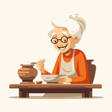 Çömlek yapan yaşlı bir kadın. Çizgi film tarzında vektör illüstrasyonu