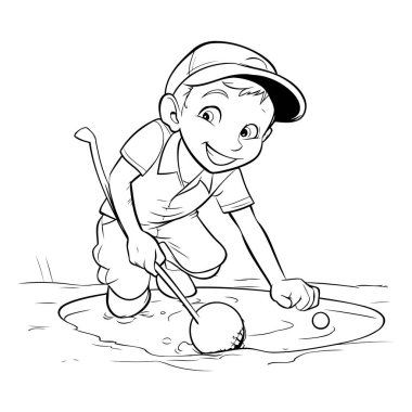 Golf oynayan küçük çocuk - boyama kitabı için siyah-beyaz vektör çizimi