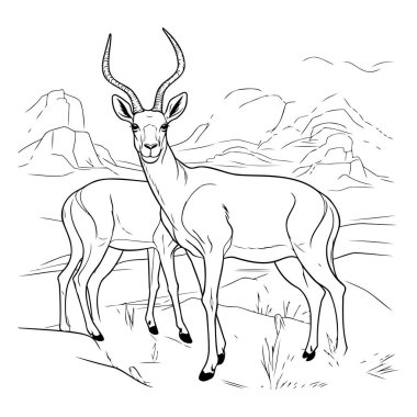 Dağların arkasındaki antilobun vektör görüntüsü. Çizim.