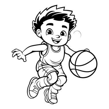 Çizgi filmci çocuk basketbol oynuyor. Boyama kitabı için siyah ve beyaz vektör çizimi.