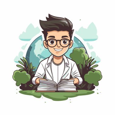 Gözlüklü genç adam parkta kitap okuyor. Vektör illüstrasyonu.