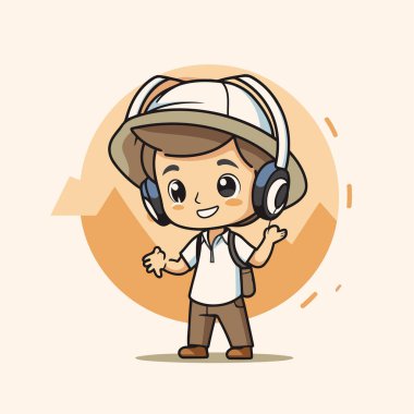 Safari şapkası ve kulaklık takan sevimli çocuk. Vektör illüstrasyonu.