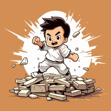 Karate pozu vermiş bir adamın karikatür çizimi. Vektör illüstrasyonu.