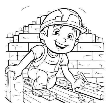 Siyah ve Beyaz Çocuk Çizgi Filmi Boyama Kitabı için Bir Tuğla Duvar İnşa Ediyor