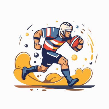 Rugby oyuncusu topla koşuyor. Renkli vektör illüstrasyonu.