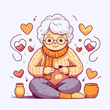 Gözlüklü bir büyükannenin vektör çizimi ve kalın örülü bir kazak..