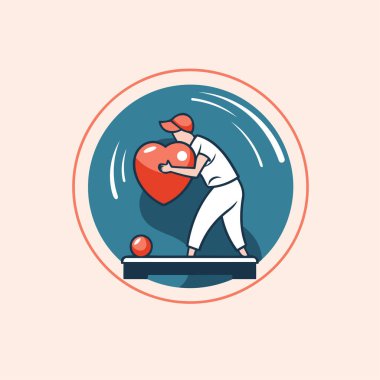 Topu ve kırmızı kalbi olan bir golf oyuncusu. Düz biçim vektör illüstrasyonu.