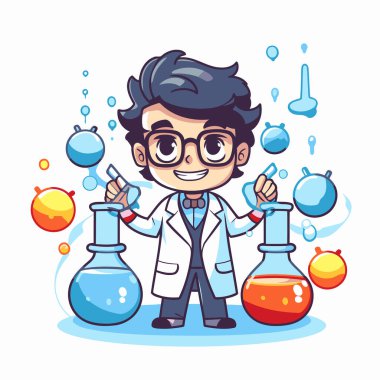 Kimyasal mataraları olan çizgi film bilim adamı. Düz bir şekilde vektör illüstrasyonu