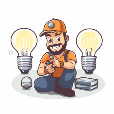 Ampulleri olan çizgi film işçisi. Çizgi film tarzında vektör illüstrasyonu.