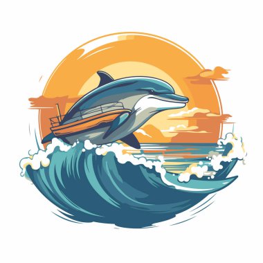 Günbatımında yunus sudan atlıyor. Vektör illüstrasyonu.