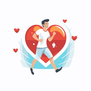 Kalp şeklinde koşan bir adam. Sağlıklı yaşam tarzı kavramı. Düz biçimli vektör illüstrasyonu