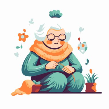 Yaşlı bir kadın yerde oturup örgü örüyor. Vektör illüstrasyonu