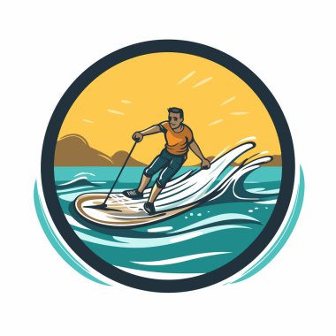 Denizdeki sörf tahtasına tırmanan bir adamın vektör çizimi.