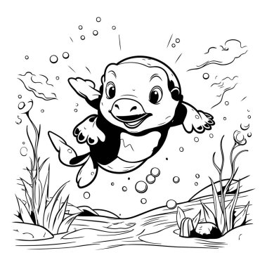Gölette yüzen sevimli çizgi film kaplumbağası. Siyah ve beyaz vektör çizimi.