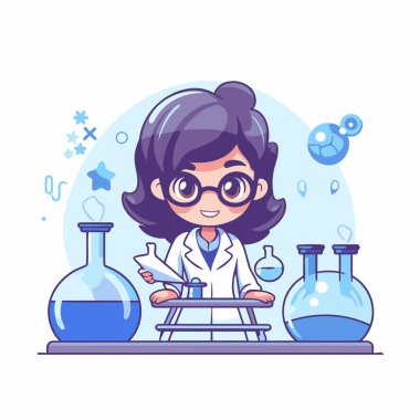 Laboratuvarda çalışan önlüklü ve gözlüklü bilim adamı kız. Vektör illüstrasyonu