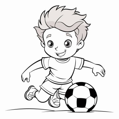 Futbol oynayan sevimli çocuk - siyah-beyaz vektör karikatür çizimi.