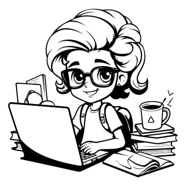 Laptop 'la Şirin Kız Öğrenci Çalışması - Siyah ve Beyaz Çizgi Film Çizimi. Vektör