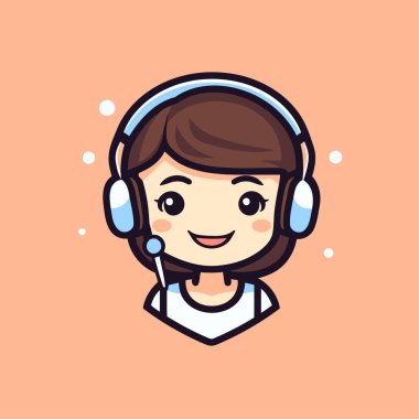 Kulaklık ve mikrofonlu sevimli bir çağrı merkezi kızı. Vektör illüstrasyonu.