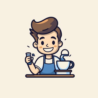 Kahve içen yakışıklı çocuk vektör ilüstrasyonu. Düz Tasarım Biçimi