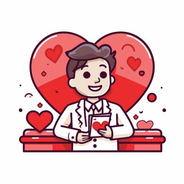 Sevgililer günü kartı tutan sevimli bir karikatür adamı. Vektör illüstrasyonu.