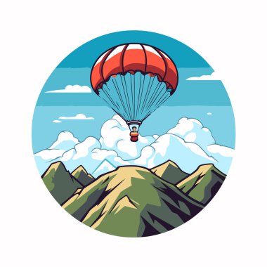 Gökyüzünde uçan paraşüt. Retro biçiminde vektör illüstrasyonu.