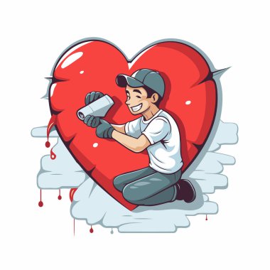 Beyzbol şapkalı ve tişörtlü bir adamın kalp şeklinde bir beyzbol sopasıyla vektör çizimi..