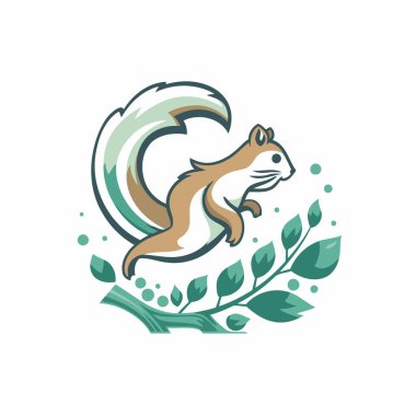 Sincap logosu. Yeşil yapraklı bir sincabın vektör çizimi.