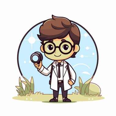 Bilim adamı çocuk alan vektör illüstrasyonunda büyüteç tutuyor..