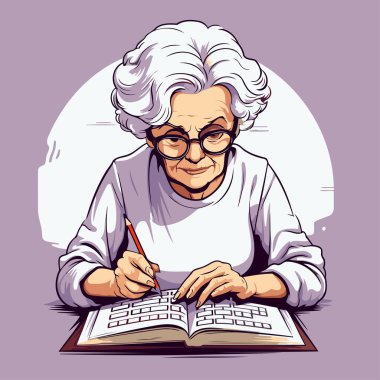 Yaşlı kadın ödevini yapıyor. Çizgi film tarzında vektör illüstrasyonu.