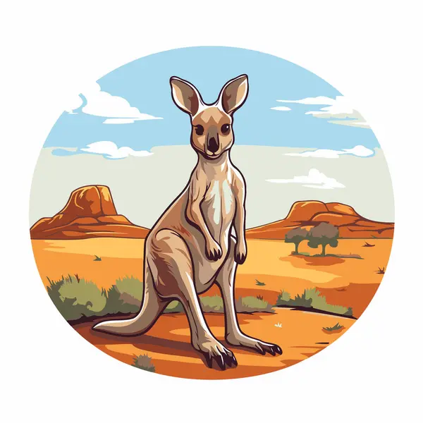 Çölde Çimlerin Üzerinde Oturan Kanguru Vektör Illüstrasyonu — Stok Vektör