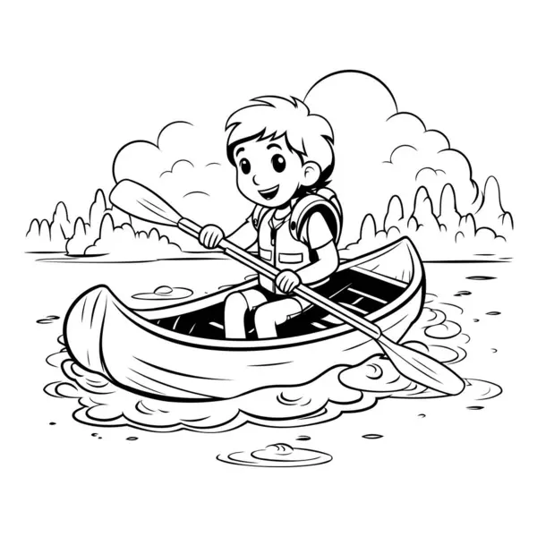 Junge Rudert Einem Kanu Schwarz Weiße Vektorillustration — Stockvektor