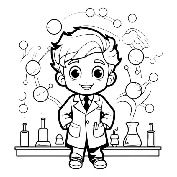 Black White Cartoon Illustration Boy Scientist Chemist Character Coloring Book — Stock Vector